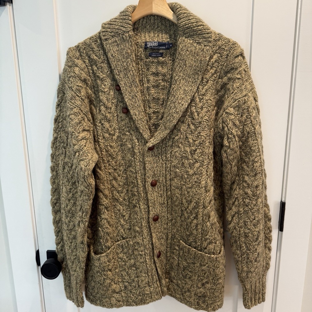 VTG 90s Polo Ralph Lauren Wool Hand Knit Melange Cardigan Heritage Collegiate M